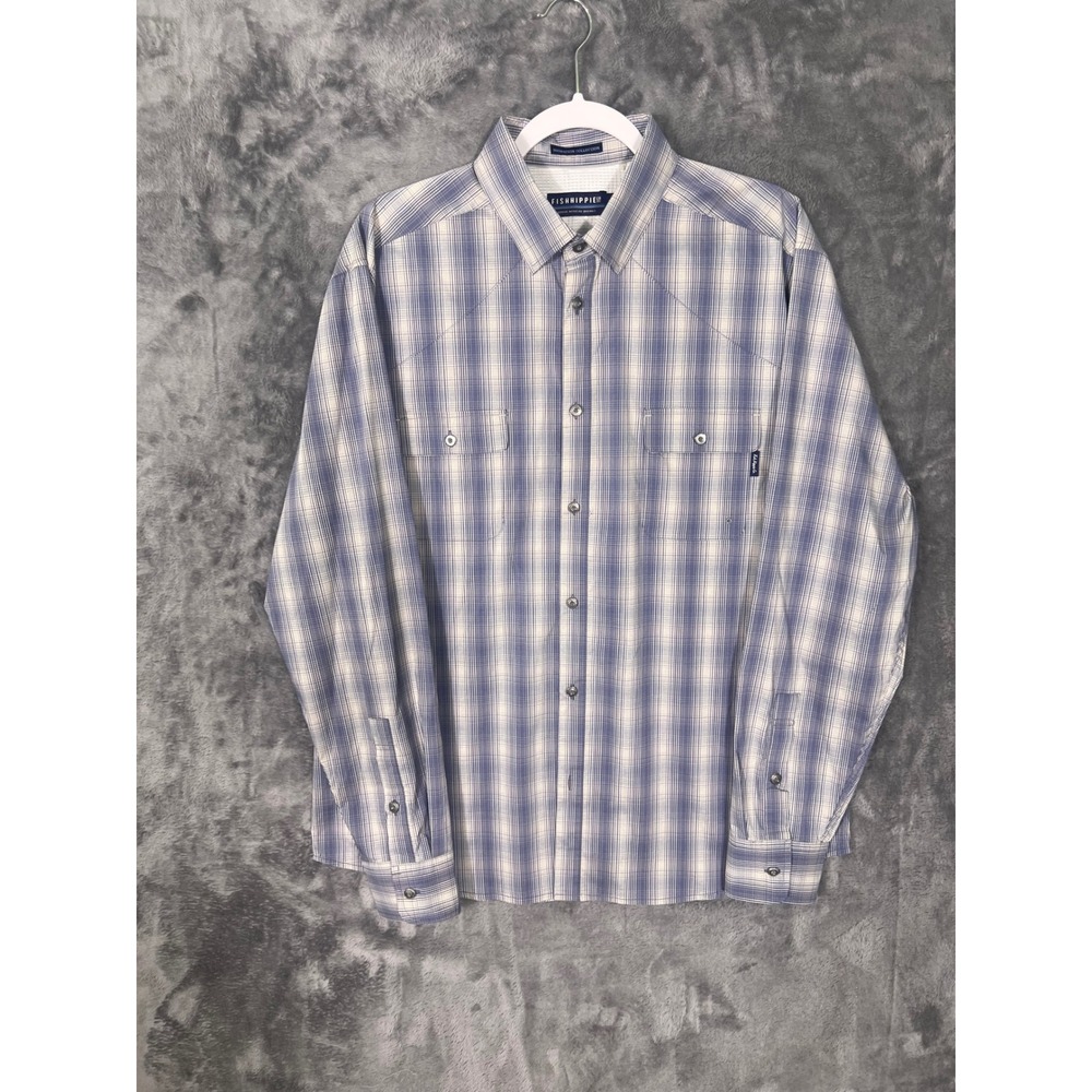 Fish Hippie Co Migration Collection Blue Plaid Button Down Shirt Mens Large